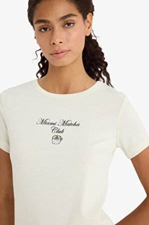 Regular Fit Bisiklet Yaka Baskılı Ribana Kısa Kollu Tişört