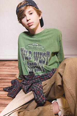 Erkek Çocuk Bisiklet Yaka Baskılı Uzun Kollu Tişört