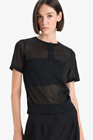 Slim Fit Dar Kesim Bisiklet Yaka Ribana Kısa Kollu Tişört