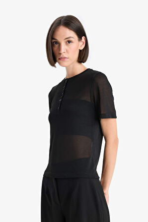 Slim Fit Dar Kesim Bisiklet Yaka Ribana Kısa Kollu Tişört