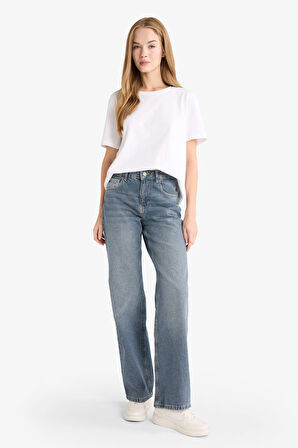 Straight Wide Yüksek Bel Uzun Jean Yıkamalı Pantolon