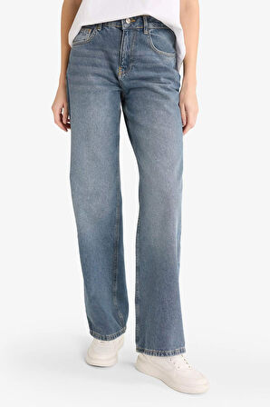 Straight Wide Yüksek Bel Uzun Jean Yıkamalı Pantolon