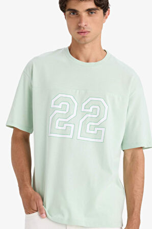 Boxy Fit Bisiklet Yaka Baskılı Kısa Kollu Tişört