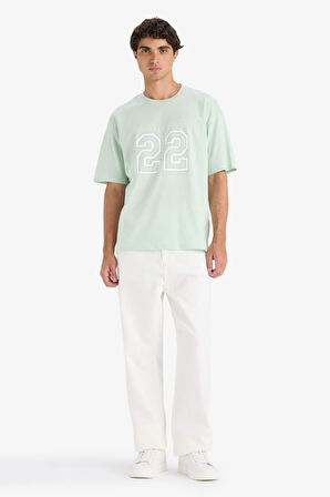 Boxy Fit Bisiklet Yaka Baskılı Kısa Kollu Tişört