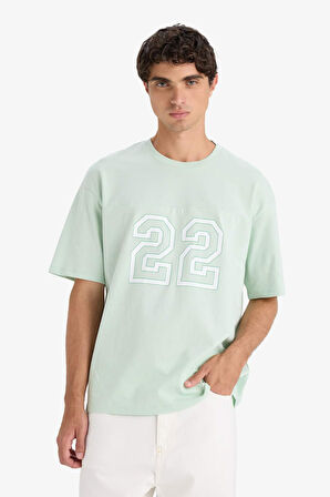 Boxy Fit Bisiklet Yaka Baskılı Kısa Kollu Tişört