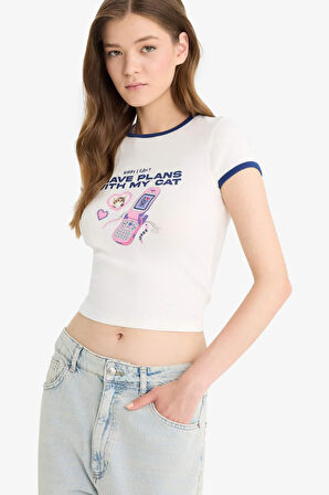 DeFacto Coool Fitted Bisiklet Yaka Baskılı Ribana Kısa Kollu Tişört F4792AX25SMWT32