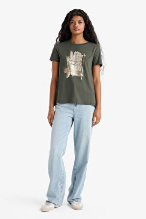 Relax Fit Bisiklet Yaka Baskılı Kısa Kollu Tişört