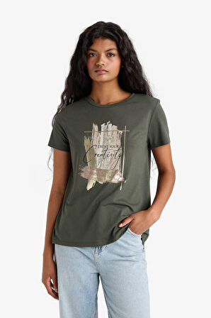 Relax Fit Bisiklet Yaka Baskılı Kısa Kollu Tişört