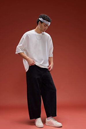 %100 Pamuk Barrel Fit Beli Bağcıklı Lastikli Geniş Paça Jean Yıkamalı Pantolon