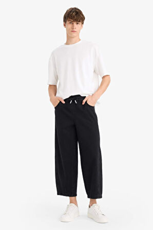 %100 Pamuk Barrel Fit Beli Bağcıklı Lastikli Geniş Paça Jean Yıkamalı Pantolon