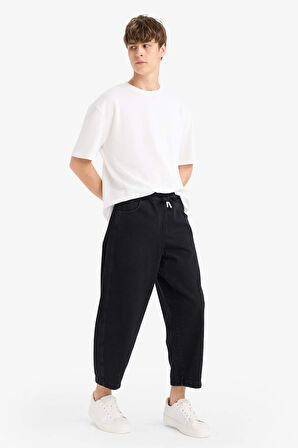 %100 Pamuk Barrel Fit Beli Bağcıklı Lastikli Geniş Paça Jean Yıkamalı Pantolon