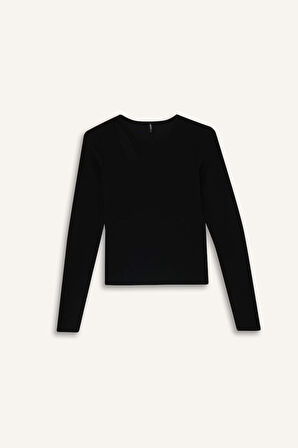 Slim Fit Dar Kesim Bisiklet Yaka Fitilli Kaşkorse Uzun Kollu Tişört