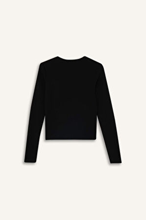 Slim Fit Dar Kesim Bisiklet Yaka Fitilli Kaşkorse Uzun Kollu Tişört