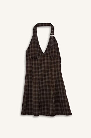 Coool Halter Yaka Kareli Mini Elbise
