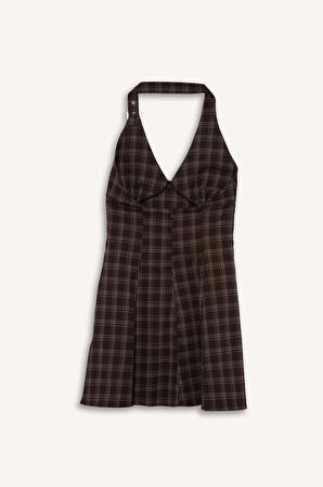 Coool Halter Yaka Kareli Mini Elbise