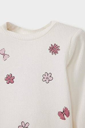 Kız Bebek Bisiklet Yaka Desenli Uzun Kollu Tişört