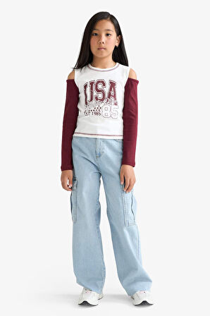 Kız Çocuk Okula Dönüş Slim Fit Dar Kesim Bisiklet Yaka Slogan Baskılı Ribana Uzun Kollu Tişört