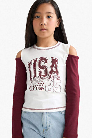 Kız Çocuk Okula Dönüş Slim Fit Dar Kesim Bisiklet Yaka Slogan Baskılı Ribana Uzun Kollu Tişört