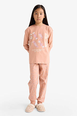Kız Çocuk Pijama Takımı Baskılı Uzun Kollu Üst Uzun Alt
