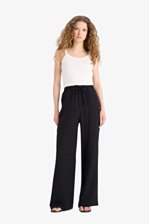 Wide Leg Cepli Yüksek Bel Standart Boy Keten Karışımlı Pantolon