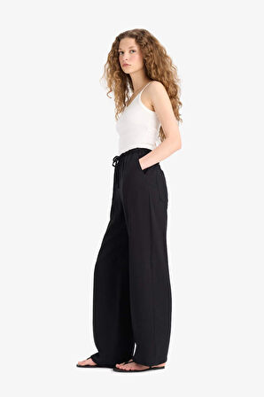 Wide Leg Cepli Yüksek Bel Standart Boy Keten Karışımlı Pantolon