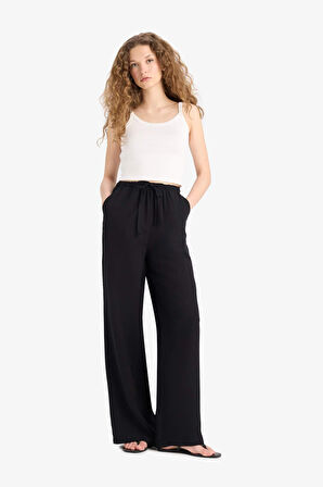 Wide Leg Cepli Yüksek Bel Standart Boy Keten Karışımlı Pantolon