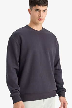 Relax Fit Bisiklet Yaka Kalın İçi Yumuşak Tüylü Basic Düz Sweatshirt