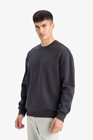 Relax Fit Bisiklet Yaka Kalın İçi Yumuşak Tüylü Basic Düz Sweatshirt