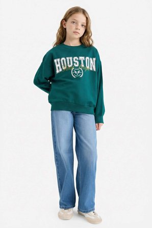 DeFacto Relax Fit Bisiklet Yaka Baskılı Sweatshirt Kız Çocuk E8894A825AUGN1116