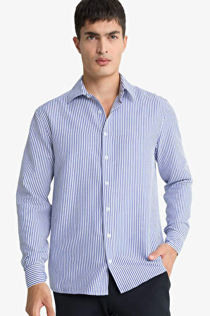 Modern Fit Polo Yaka Çizgili Krinkıl Uzun Kollu Gömlek