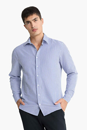 Modern Fit Polo Yaka Çizgili Krinkıl Uzun Kollu Gömlek
