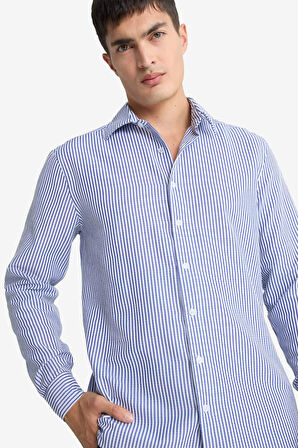 Modern Fit Polo Yaka Çizgili Krinkıl Uzun Kollu Gömlek