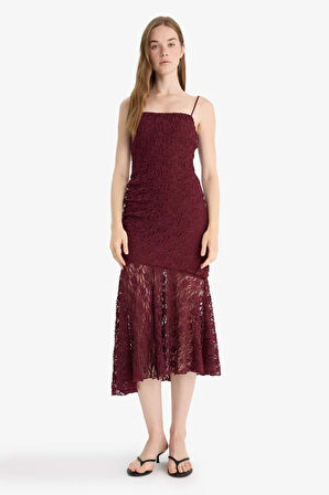 Bodycon Vücudu Saran Askılı Dantel Askılı Midi Elbise