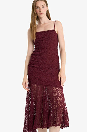 Bodycon Vücudu Saran Askılı Dantel Askılı Midi Elbise