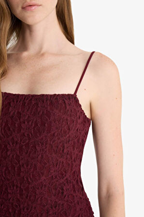 Bodycon Vücudu Saran Askılı Dantel Askılı Midi Elbise