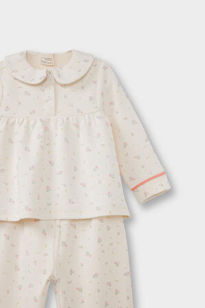 Kız Bebek Pijama Takımı Çiçekli Uzun Kollu Jakarlı Üst Uzun Alt