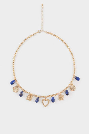 Kadın Mavi Taşlı Kalpli Gold Kolye