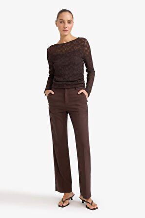 Fitted Kayık Yaka Dantel Uzun Kollu Bluz