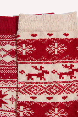 Kadın Yılbaşı Temalı 2'li Pamuklu Uzun Çorap