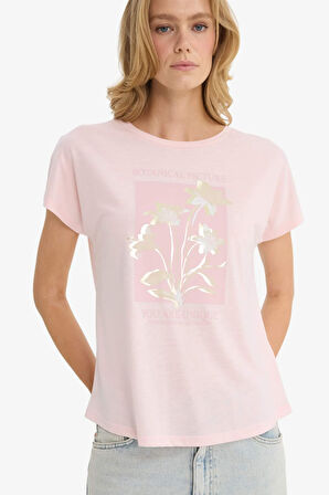 Bisiklet Yaka Çiçekli Kısa Kollu Tişört