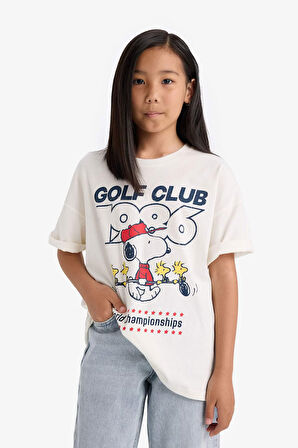 Kız Çocuk Snoopy Oversize Geniş Kalıp Bisiklet Yaka Kısa Kollu Tişört