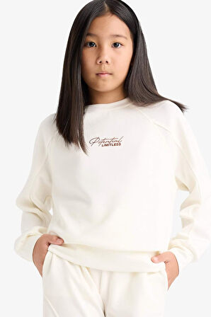 Kız Çocuk Relax Fit Bisiklet Yaka Baskılı Modal Sweatshirt