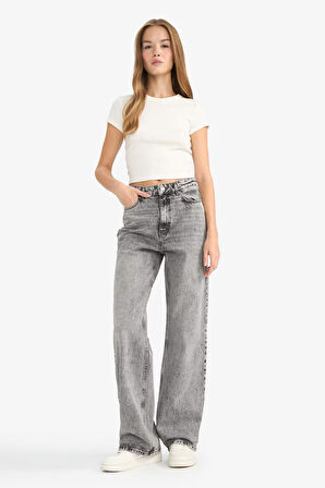 Straight Fit Yüksek Bel Uzun Jean Yıkamalı Pantolon