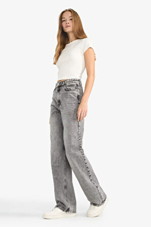 Straight Fit Yüksek Bel Uzun Jean Yıkamalı Pantolon