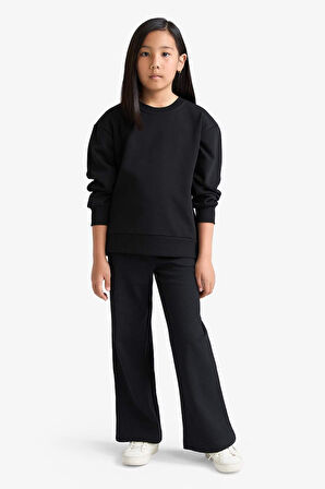 Kız Çocuk Relax Fit Bisiklet Yaka Basic Düz Sweatshirt