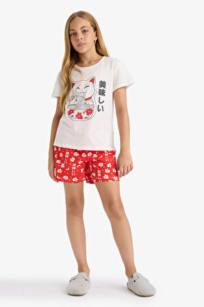Kız Çocuk Pijama Takımı Baskılı Kısa Kollu Tişört Desenli Şort