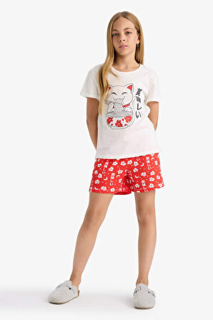 Kız Çocuk Pijama Takımı Baskılı Kısa Kollu Tişört Desenli Şort
