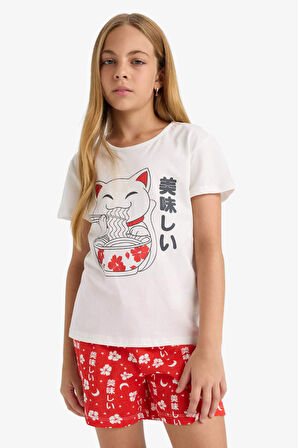 Kız Çocuk Pijama Takımı Baskılı Kısa Kollu Tişört Desenli Şort