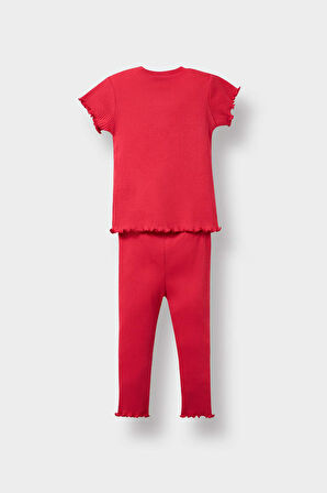 Kız Bebek 2'li Takım Kalpli Fitilli Kaşkorse Kısa Kollu Tişört Tayt