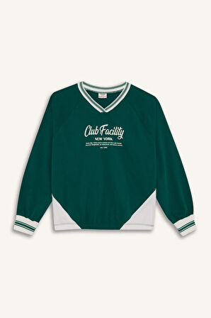 Kız Çocuk Okula Dönüş Oversize Geniş Kalıp V Yaka Slogan Baskılı Sweatshirt